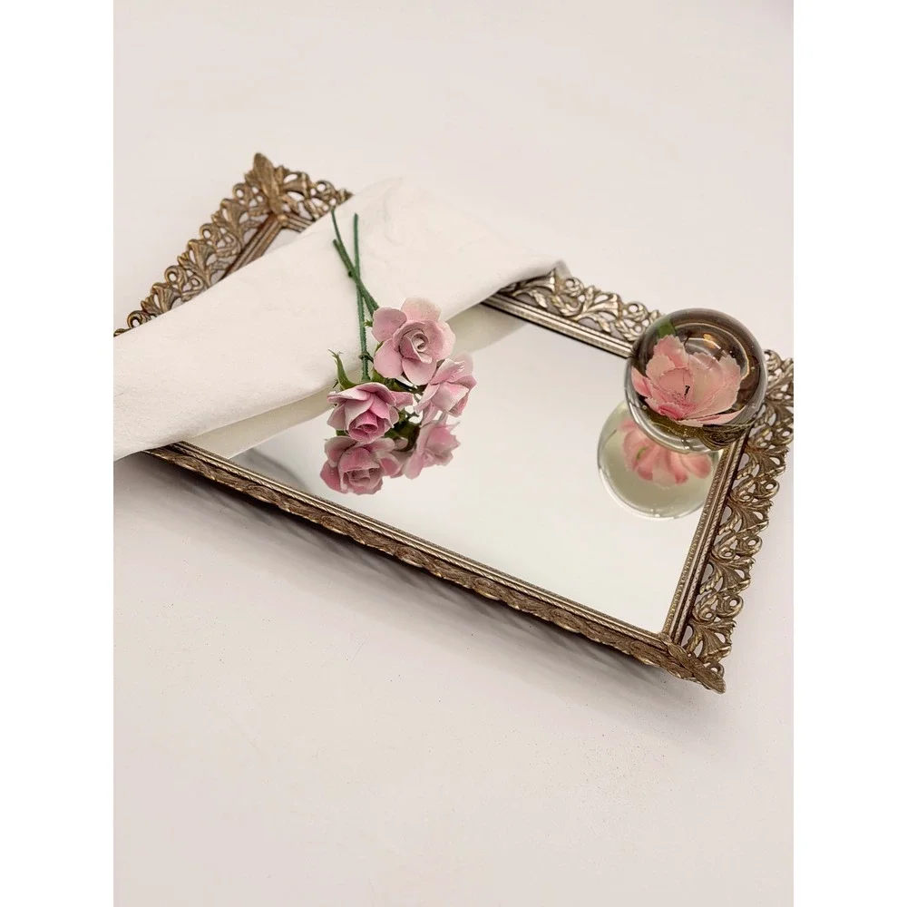 Vintage Hollywood Regency Gold Filigree Mirrored Vanity Tray Ornate Rectangular